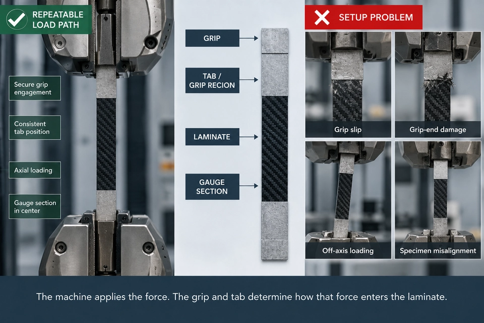 ASTM D3039 composite tensile grips tabs alignment